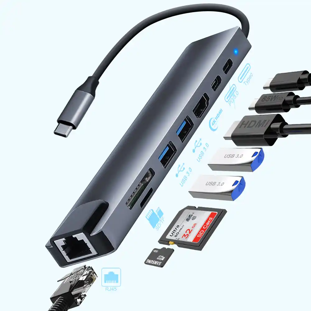 Adapter-konverter Zeus 8 in 1/RJ45/SD readr/Micro SD reade/USB 3.0 x 2/HDMI/USB-C/USB-C PD/Aliminium Dodatna oprema za računare SOPING.RS 41 Adapter-konverter Zeus 8 in 1/RJ45/SD readr/Micro SD reade/USB 3.0 x 2/HDMI/USB-C/USB-C PD/Aliminium