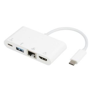 Adapter USB 3.1 tip C (M) - HDMI + USB3.0 + RJ45 + tip C (F) beli