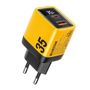 WP-U25 Superbrzi Strujni GaN Punjač, 2-porta USB (3.0 i 3.1 Tip-C) 35W, sa displejom, žuti
