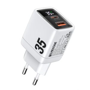 WP-U25 Superbrzi Strujni GaN Punjač, 2-porta USB (3.0 i 3.1 Tip-C) 35W, sa displejom, beli