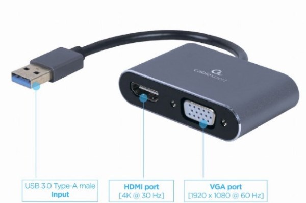 A-USB3-HDMIVGA-01 Gembird USB to HDMI + VGA display adapter, space grey TV i video oprema SOPING.RS 42 A-USB3-HDMIVGA-01 Gembird USB to HDMI + VGA display adapter, space grey - Слика 2