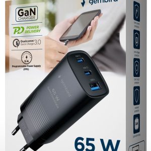 TA-UC-PDQC65-01-BK Gembird 3-port 65W GaN USB PowerDelivery fast charger, black