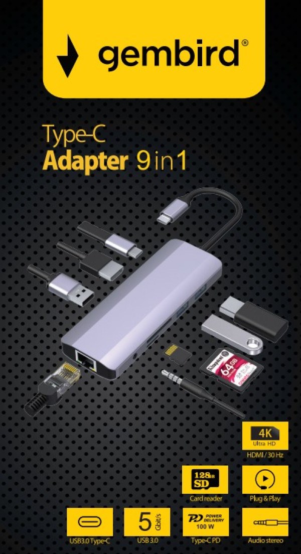 A-CM-COMBO9-06 ** Gembird USB-C 9-in-1 multi-port RJ45+USB3.0+SD+USB-C+HDMI+USB2.0+3,5mm (1359) USB adapteri SOPING.RS 43 A-CM-COMBO9-06 ** Gembird USB-C 9-in-1 multi-port RJ45+USB3.0+SD+USB-C+HDMI+USB2.0+3,5mm (1359) - Слика 3