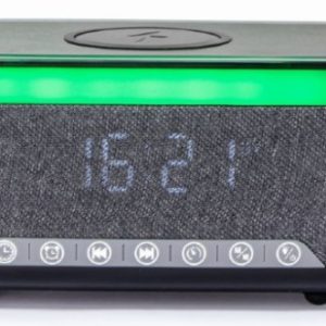 DAC-SPKBT-QC15-BK Gembird Digitalni sat+alarm sa bežičnim punjenjem telefona 15W i zvučnikom, FM, BT