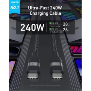 USB tip-C kabl M/M 1.8m, za Super brzo punjenje 240W/480Mbps, pleteni, crni